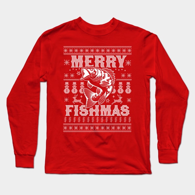 Merry Fishmas Funny Xmas Fishing - Ugly Christmas Sweater Long Sleeve T-Shirt by OrangeMonkeyArt